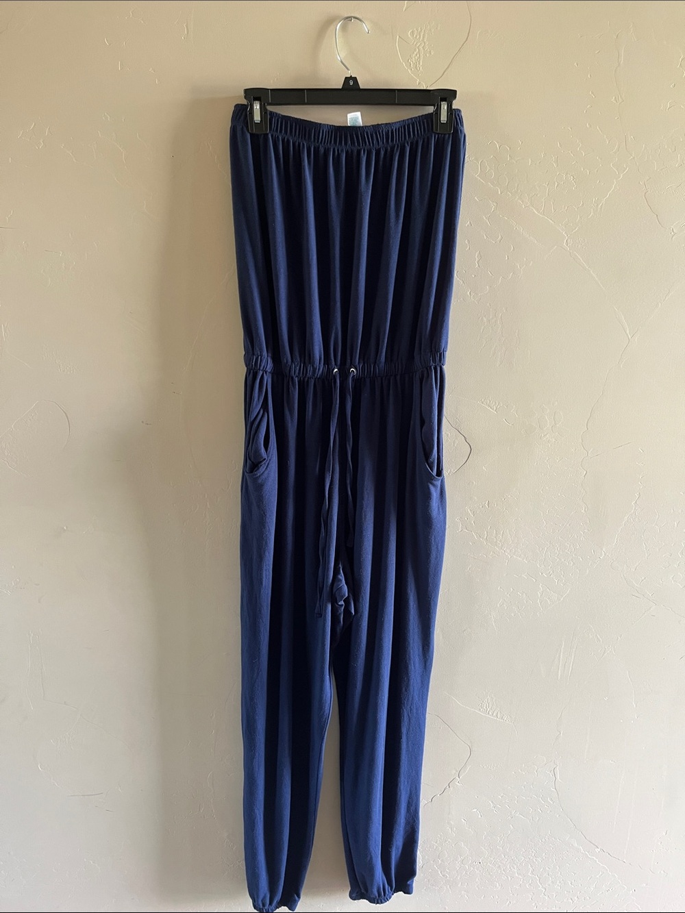 just be Navy Blue Strapless Drawstring Jumpsuit with Pockets